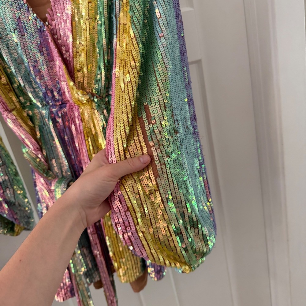 Show Me Your Mumu Wear Me Out Rainbow Sequin Stripe Mini Dress S Belted Disco - Picture 3 of 12